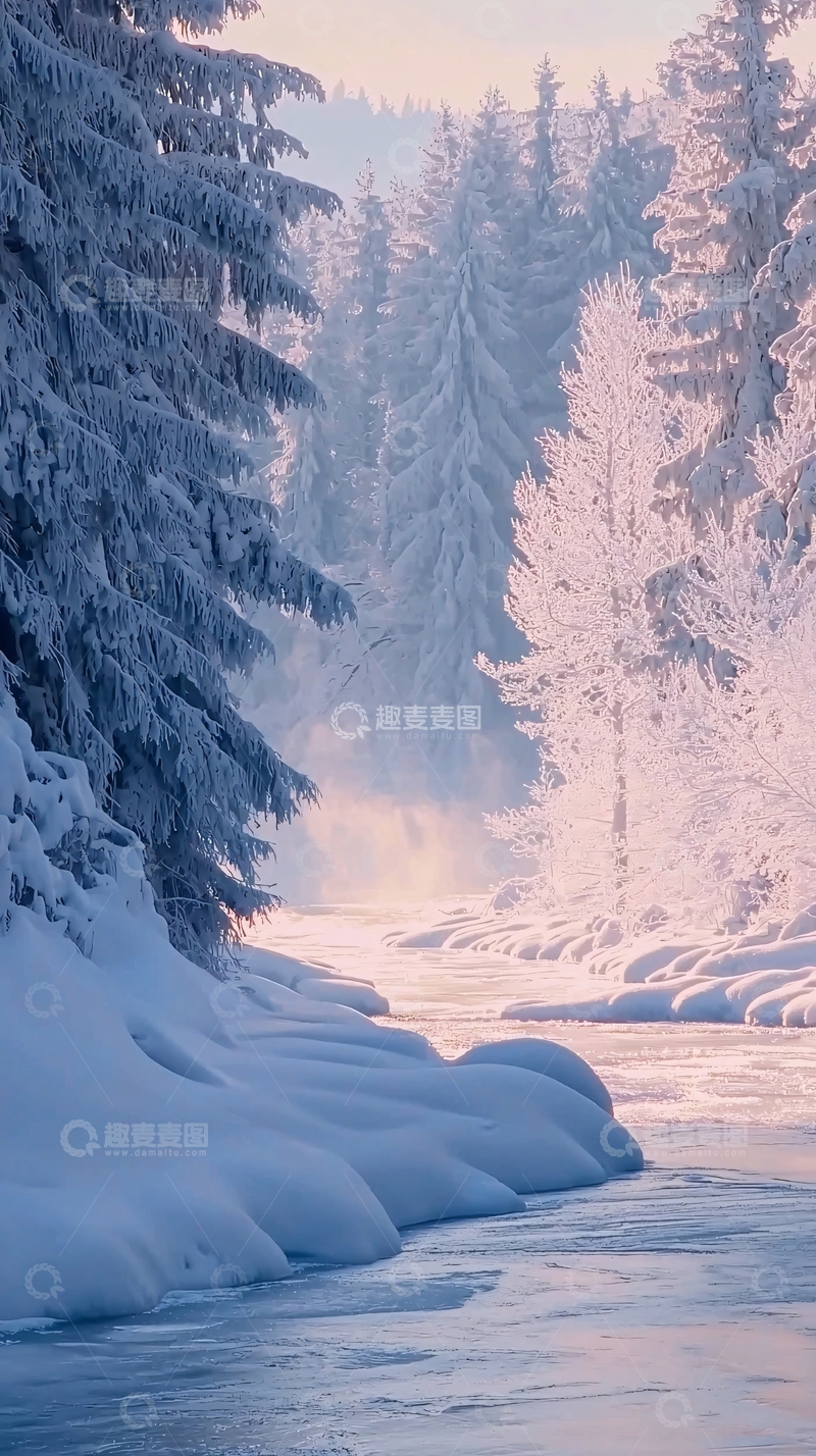 高清大图下载【趣麦麦图】冬日雪景河流森林