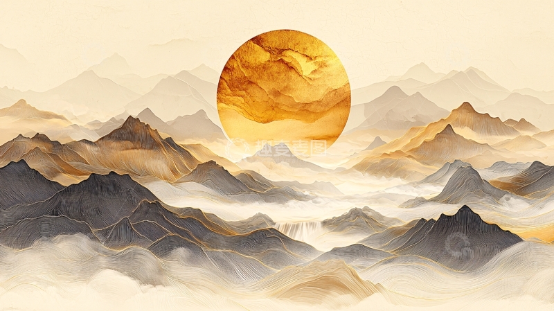 高清大图下载【趣麦麦图】水墨山水金色日出