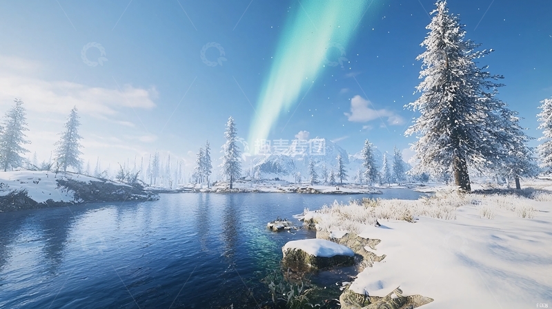 高清大图下载【趣麦麦图】极光下的雪山湖泊