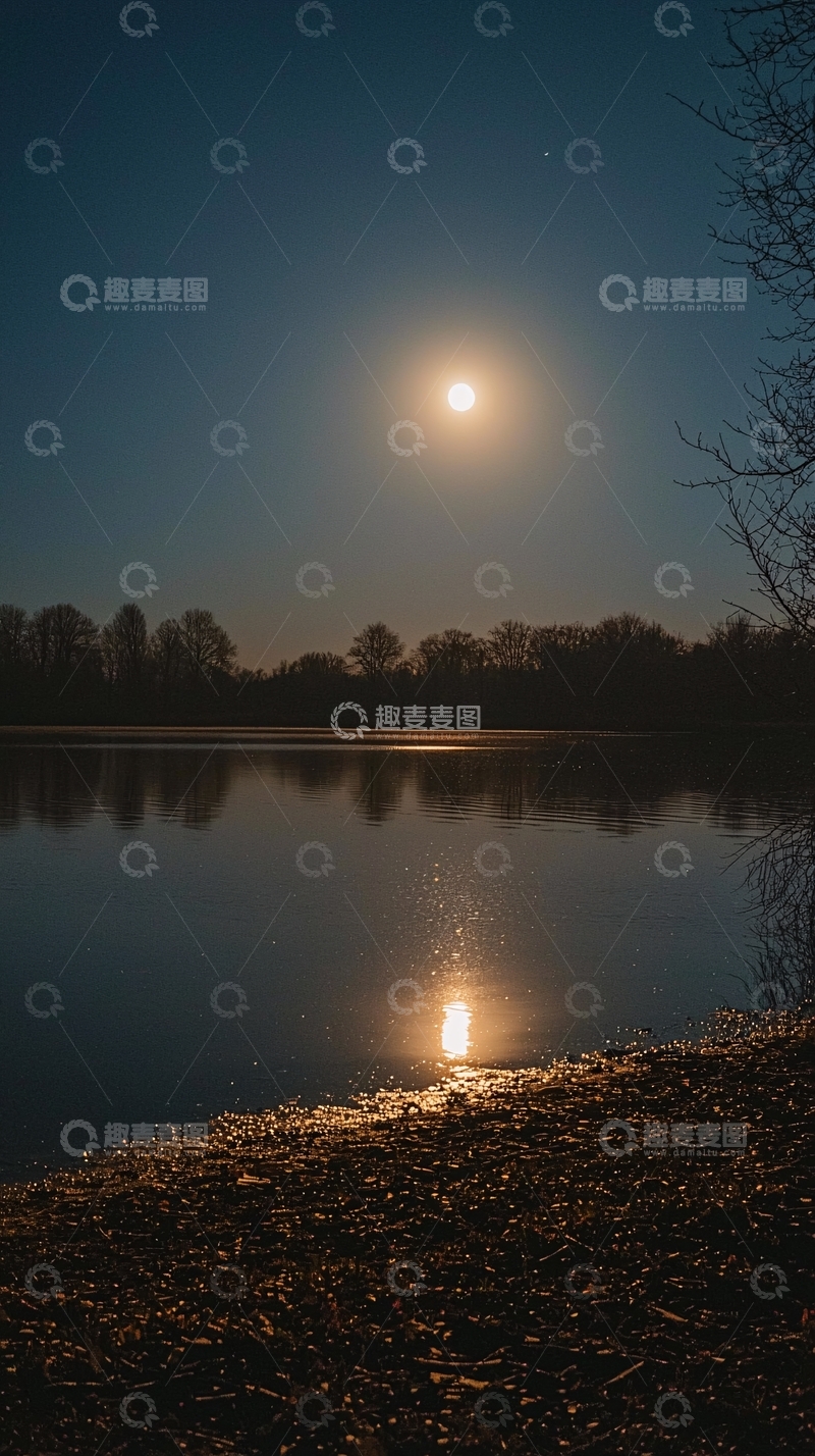 高清大图下载【趣麦麦图】月夜湖边树影婆娑