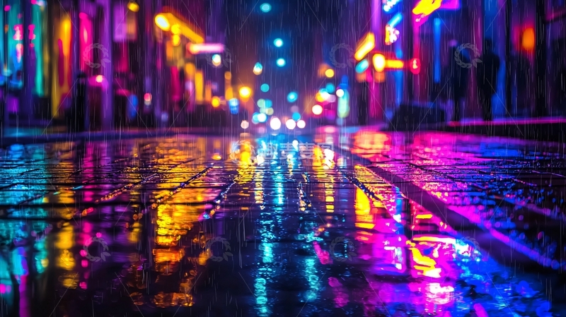高清大图下载【趣麦麦图】雨夜霓虹灯街景