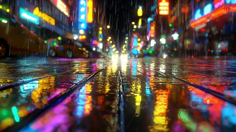 高清大图下载【趣麦麦图】雨夜城市街道霓虹灯反射