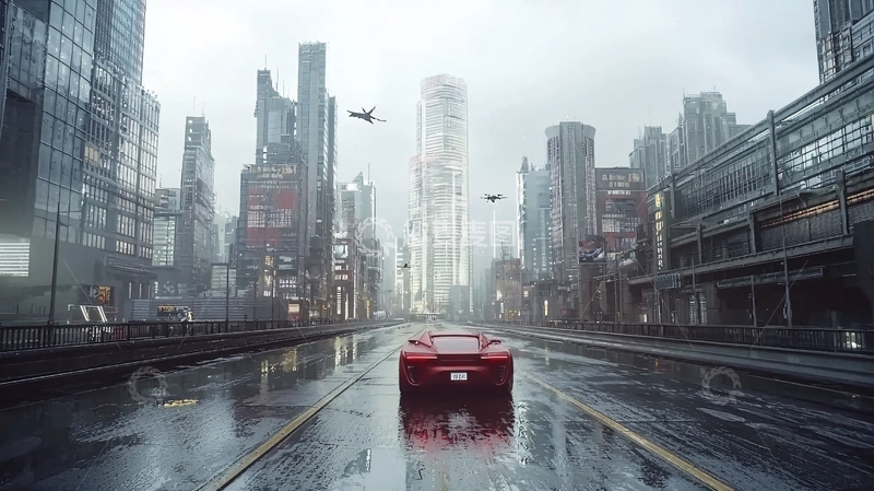 高清大图下载【趣麦麦图】雨中未来都市跑车