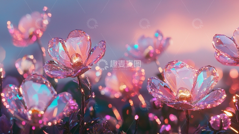 高清大图下载【趣麦麦图】梦幻玻璃花田落日余晖