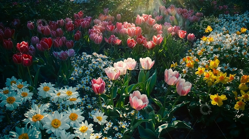 高清大图下载【趣麦麦图】阳光洒在五彩缤纷的花田