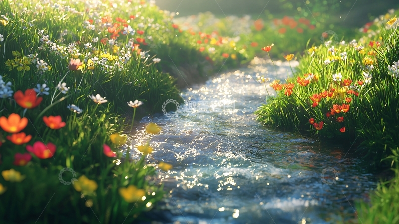 高清大图下载【趣麦麦图】阳光下的溪流与野花