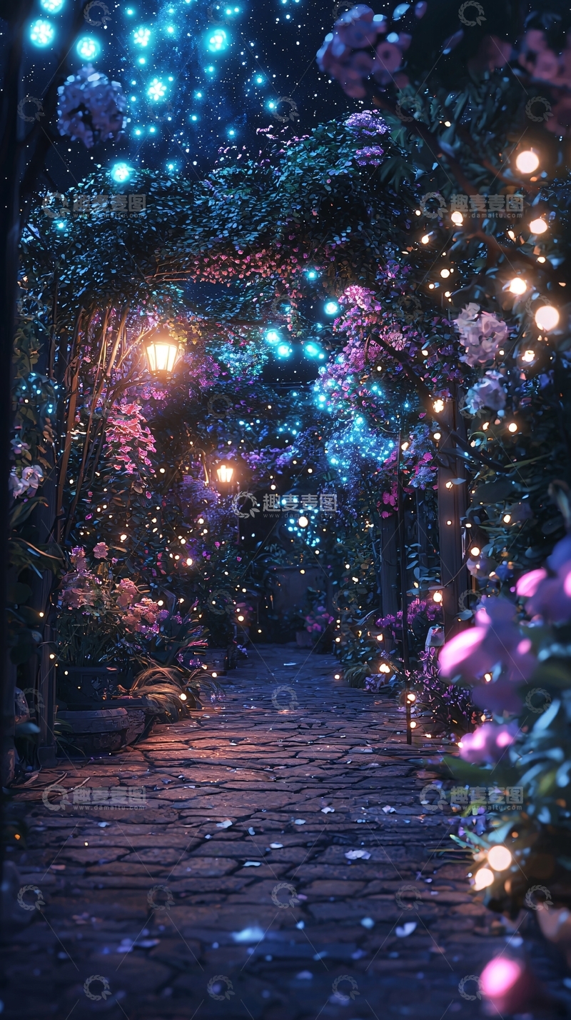 高清大图下载【趣麦麦图】梦幻花径夜色
