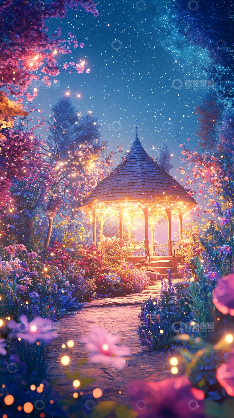 高清大图下载【趣麦麦图】梦幻花园凉亭夜景