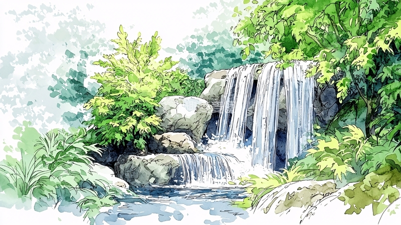 高清大图下载【趣麦麦图】水彩瀑布风景画