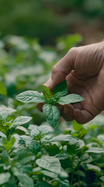 手持新鲜薄荷叶特写