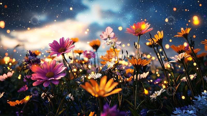 高清大图下载【趣麦麦图】梦幻星空下的萤火花田