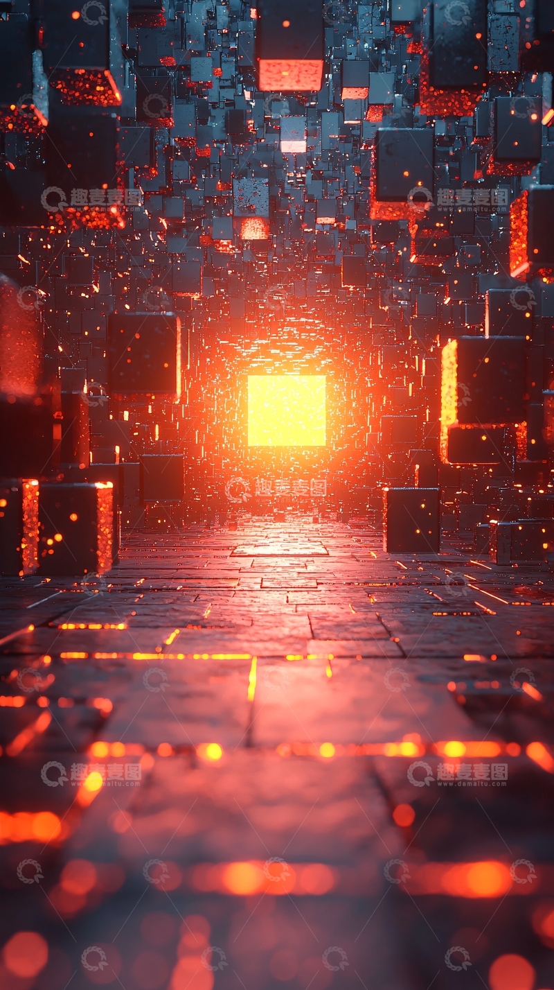 高清大图下载【趣麦麦图】橙色光芒下的立方体矩阵