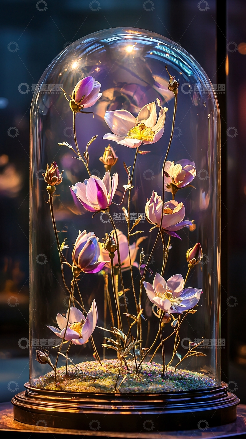 高清大图下载【趣麦麦图】玻璃罩里的粉色花朵