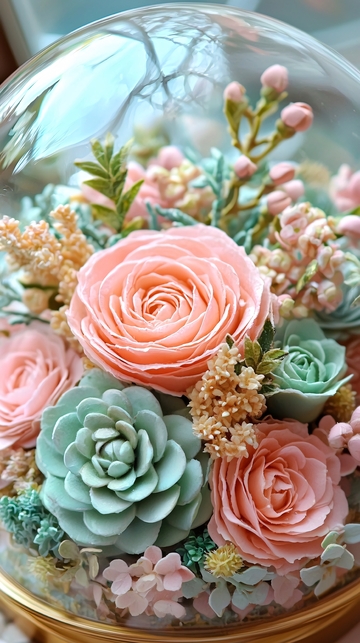 玻璃罩里的仿真花束