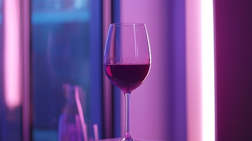 紫光背景下的一杯红酒