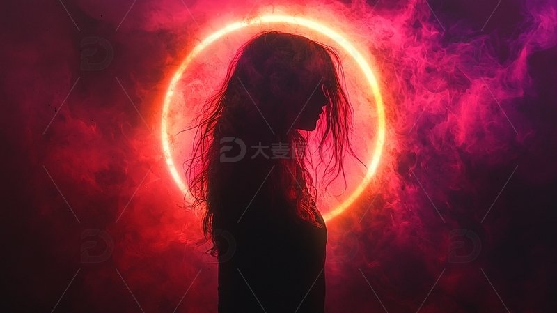 红光环绕女子剪影