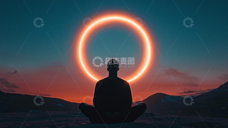 高清大图下载【趣麦麦图】冥想的人与发光圆环