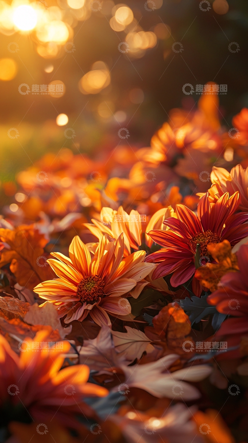 高清大图下载【趣麦麦图】秋日落日余晖下的橙色花朵