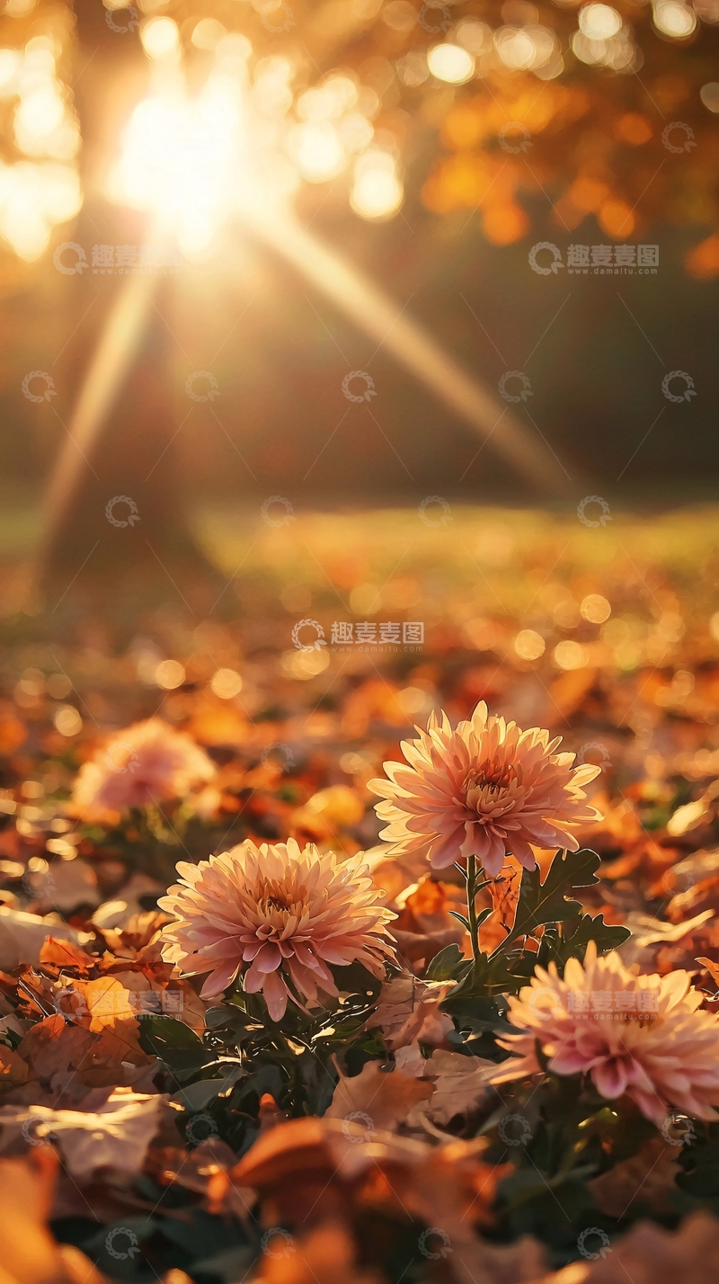 高清大图下载【趣麦麦图】秋日暖阳下的菊花与落叶