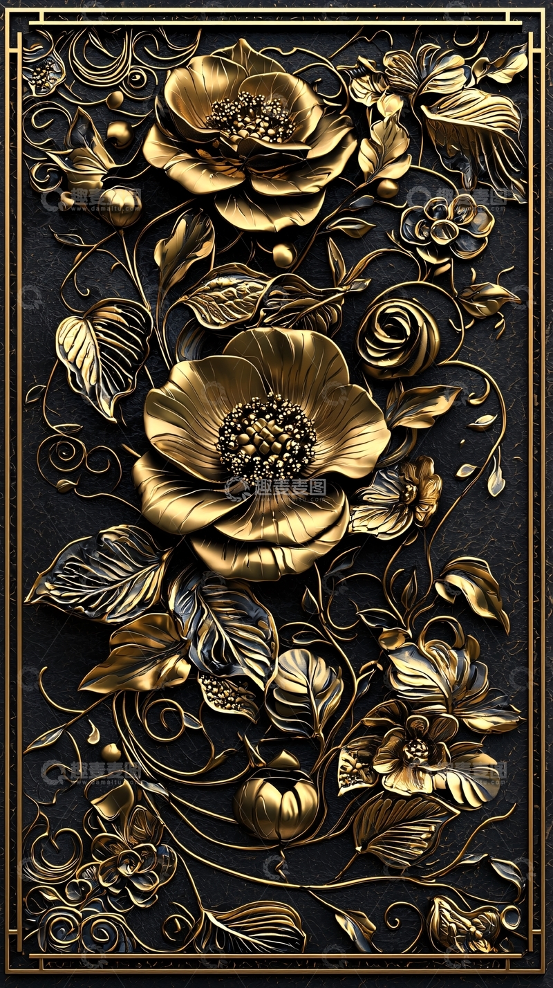 高清大图下载【趣麦麦图】金色花卉浮雕