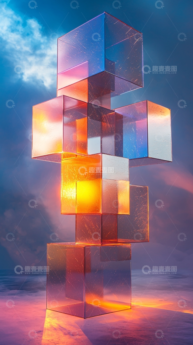 高清大图下载【趣麦麦图】光影玻璃方块堆叠