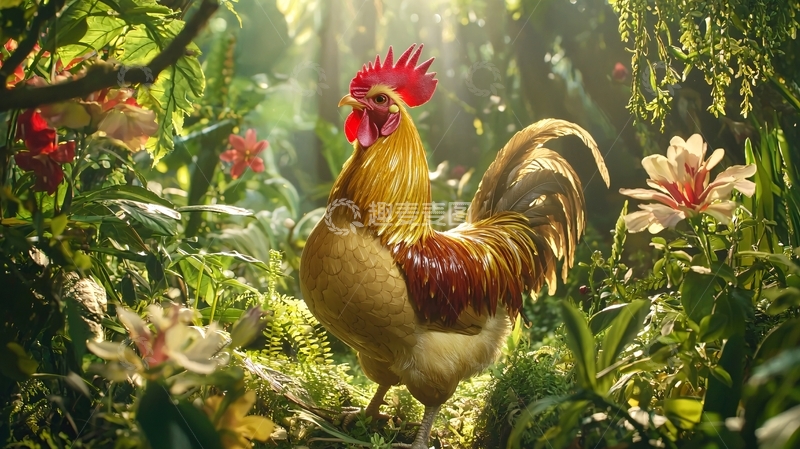 高清大图下载【趣麦麦图】森林中金黄公鸡