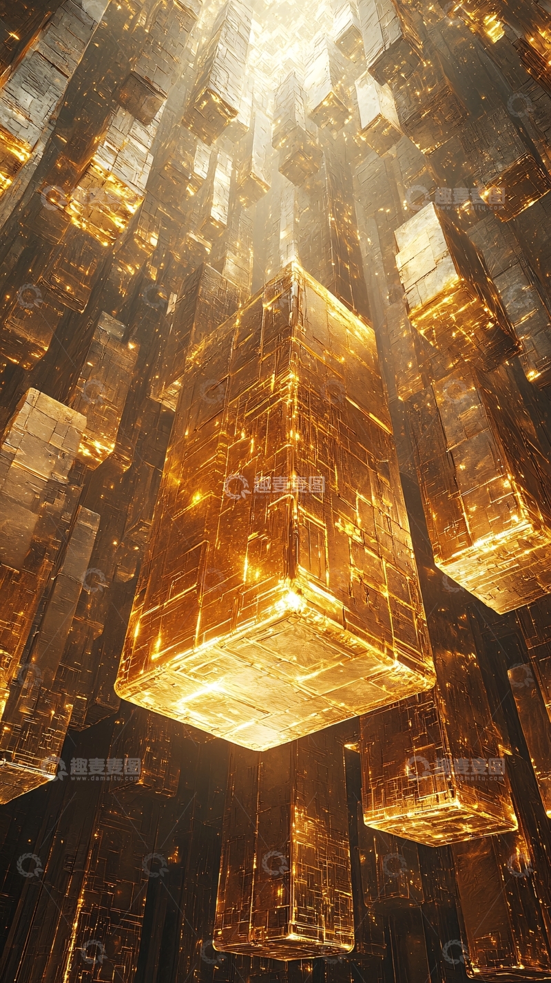 高清大图下载【趣麦麦图】金色立方体漂浮城市