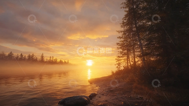 高清大图下载【趣麦麦图】夕阳西下湖边雾气