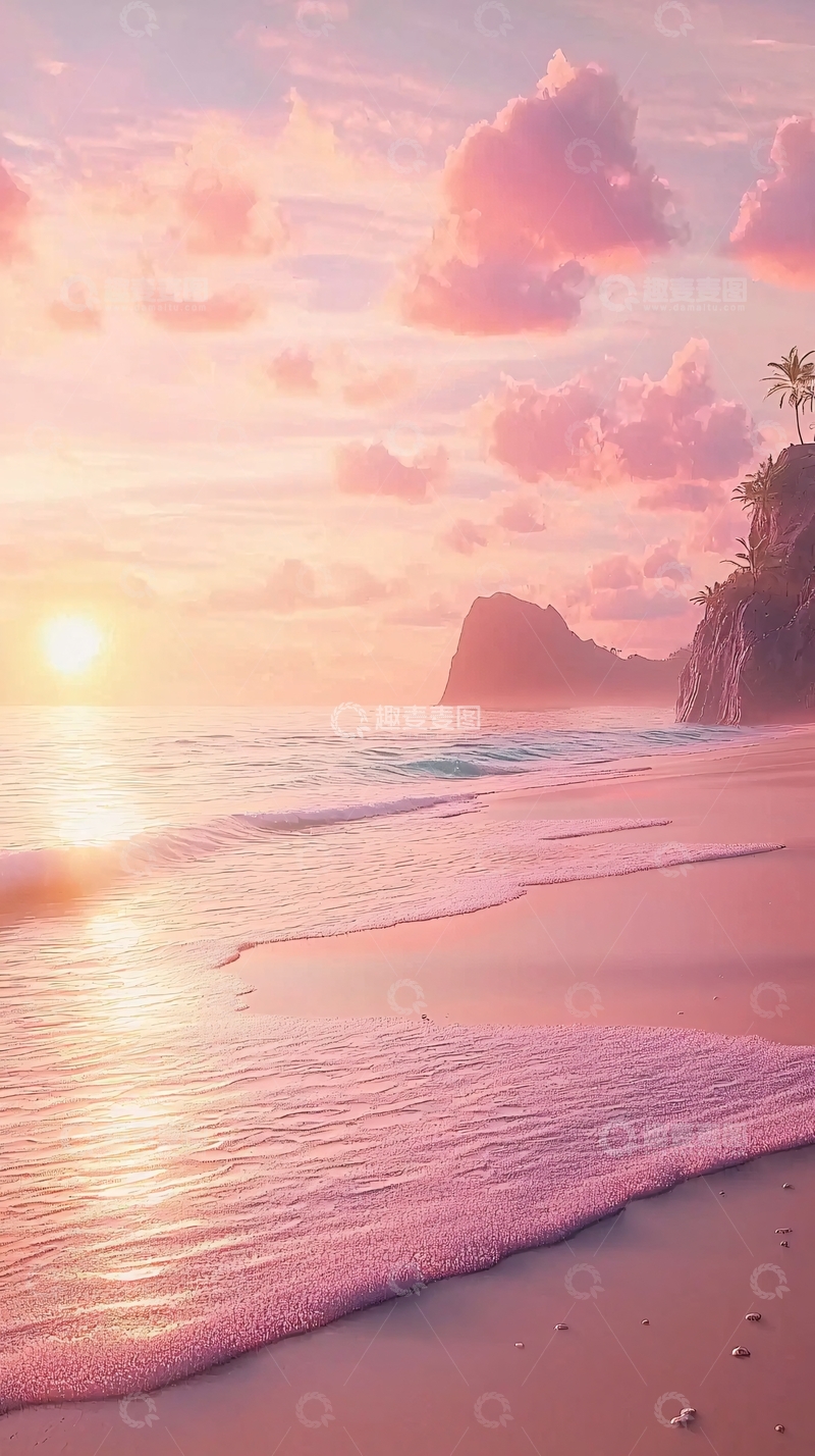 高清大图下载【趣麦麦图】粉色海滩日落