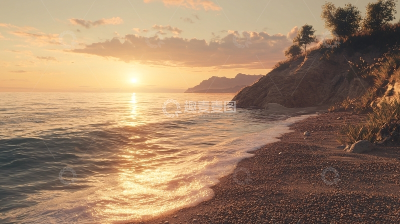 高清大图下载【趣麦麦图】温暖的金色夕阳海滩景色