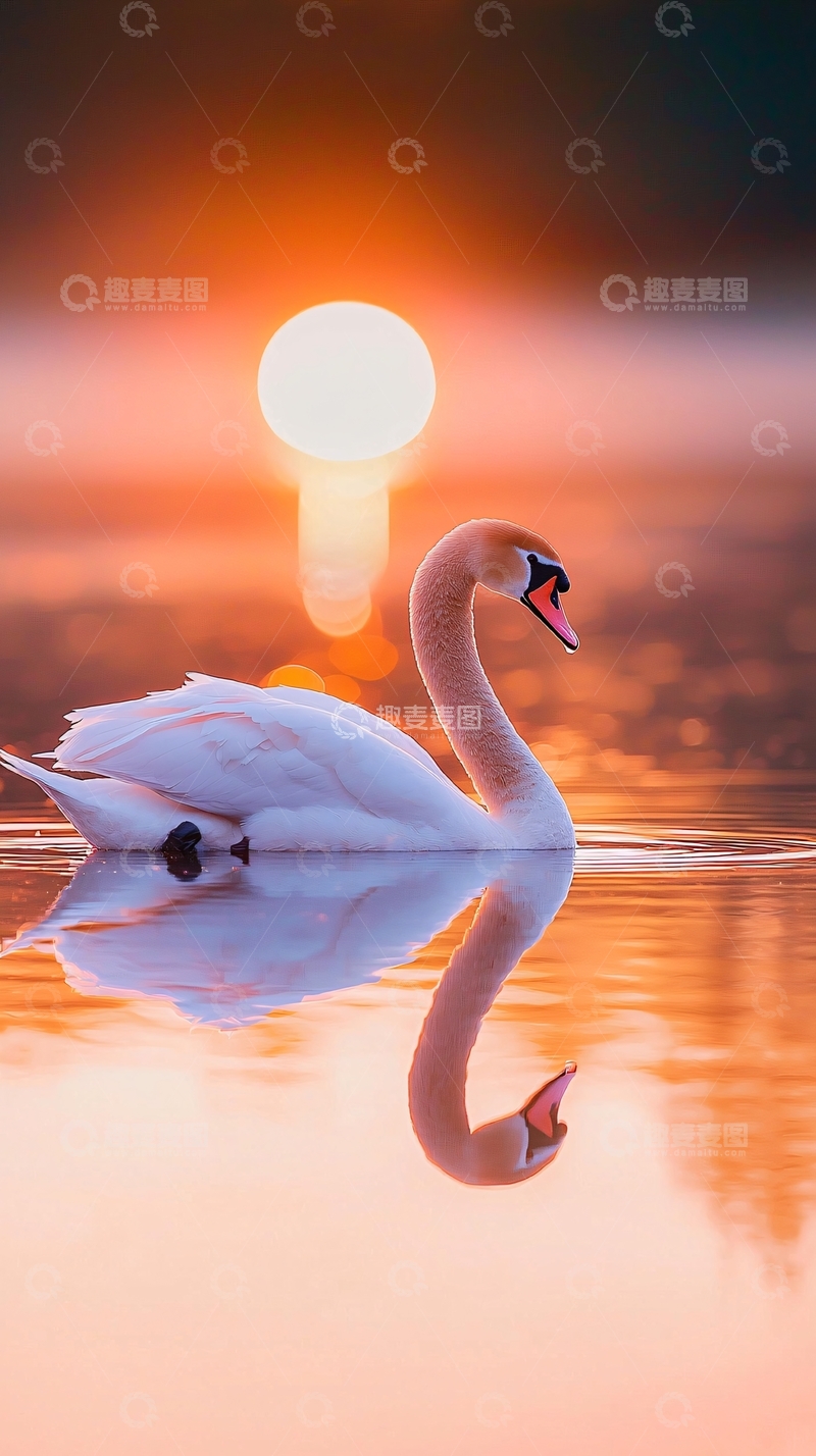 高清大图下载【趣麦麦图】日落时分湖中优雅天鹅