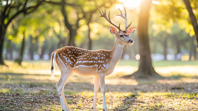 阳光下树林里的梅花鹿