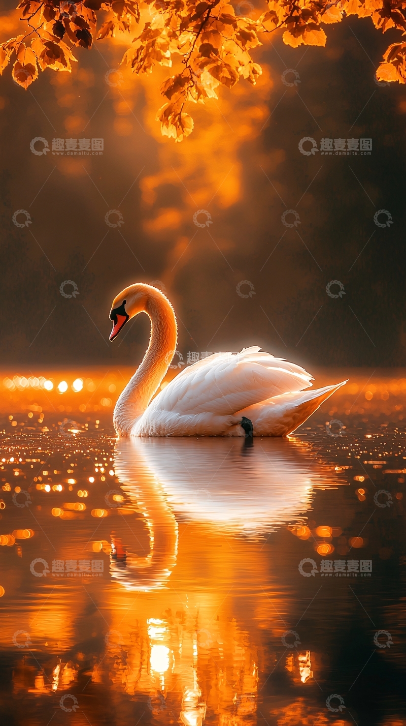 高清大图下载【趣麦麦图】夕阳下优雅的天鹅