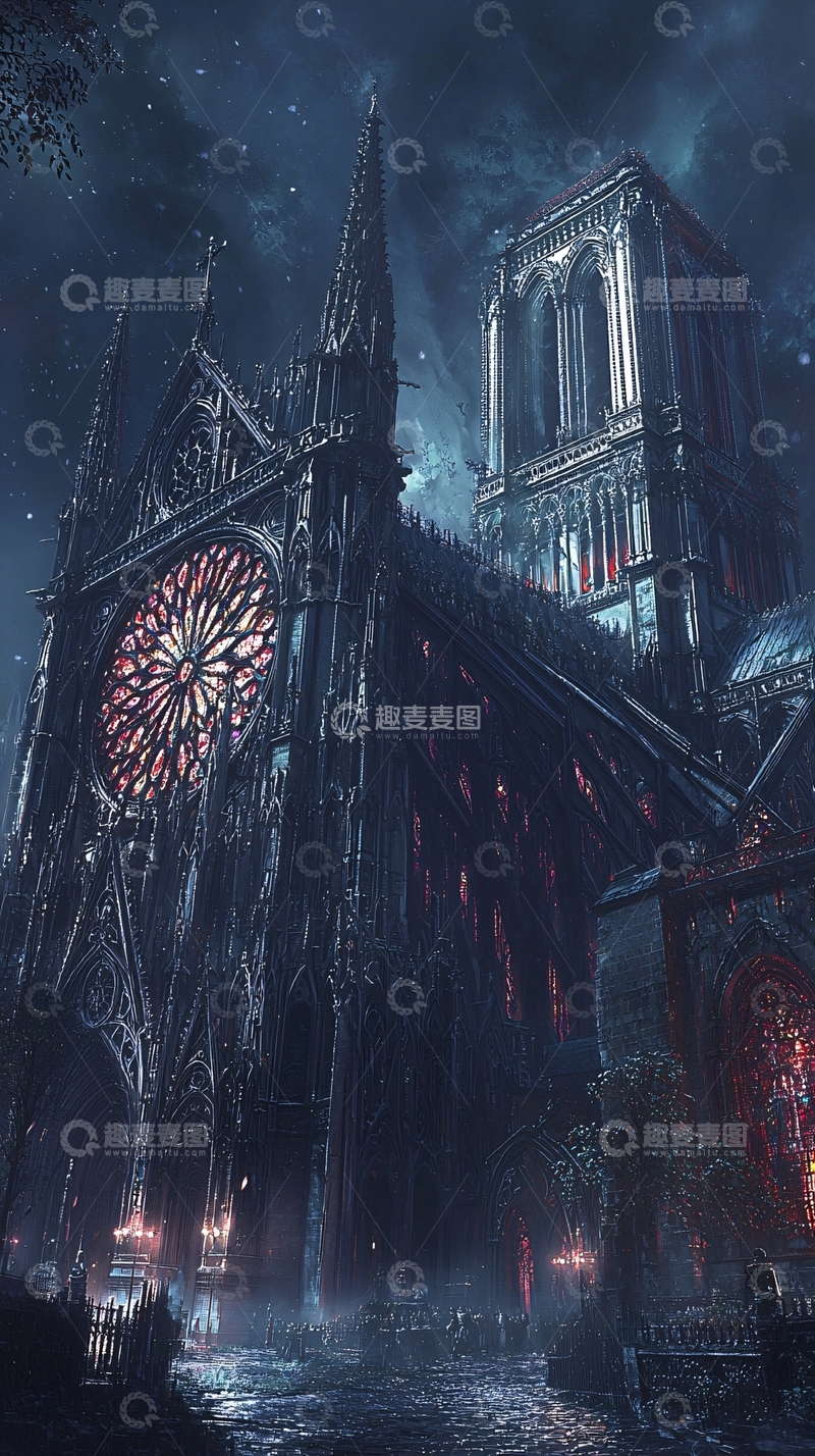 高清大图下载【趣麦麦图】哥特式建筑夜晚场景