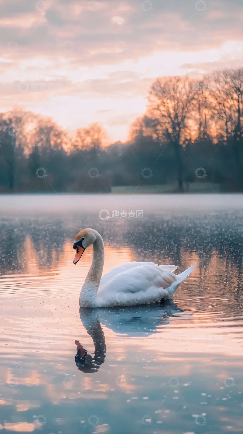 高清大图下载【趣麦麦图】日出湖面优雅天鹅