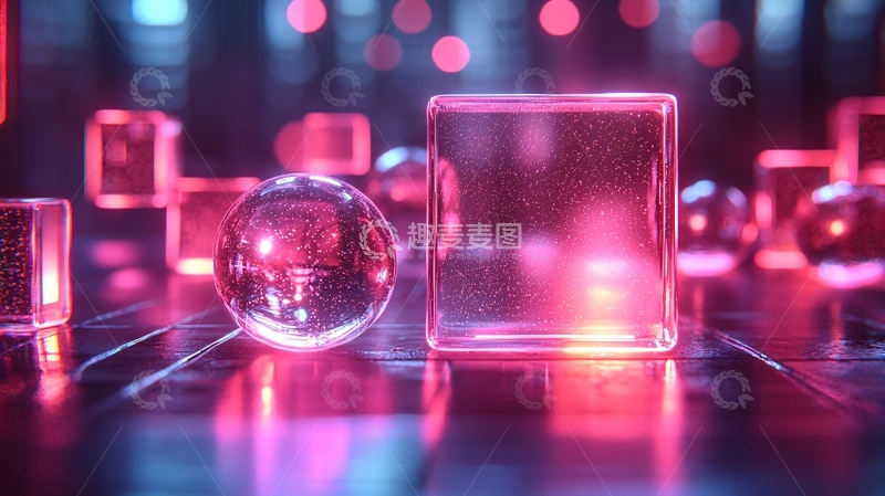 高清大图下载【趣麦麦图】透明方块和球体霓虹灯光