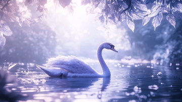 梦幻紫光湖中白鹅