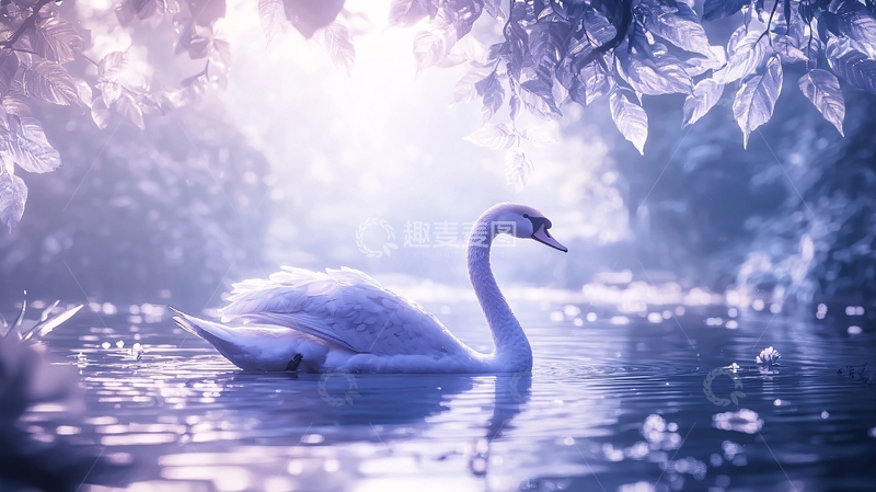 高清大图下载【趣麦麦图】梦幻紫光湖中白鹅