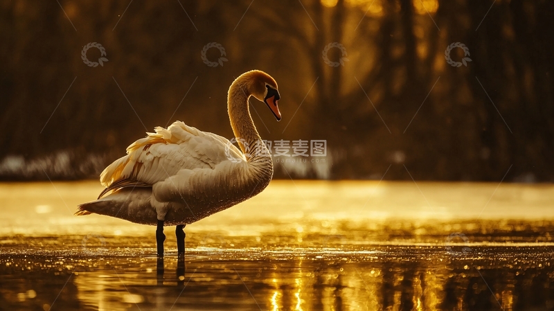 高清大图下载【趣麦麦图】金色夕阳下的优雅天鹅
