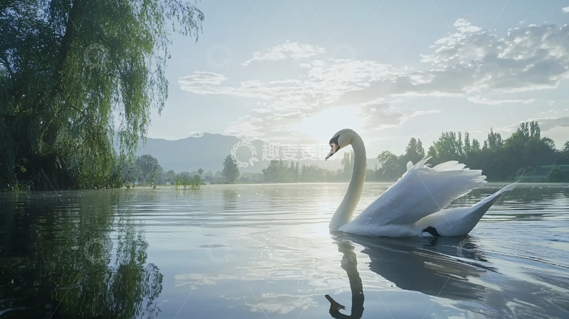 高清大图下载【趣麦麦图】天鹅湖面清晨景色