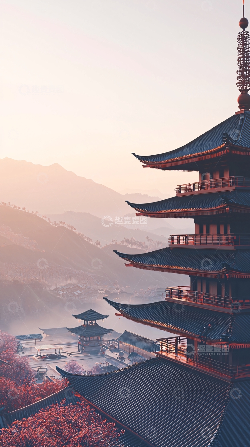 高清大图下载【趣麦麦图】日式寺庙清晨山景