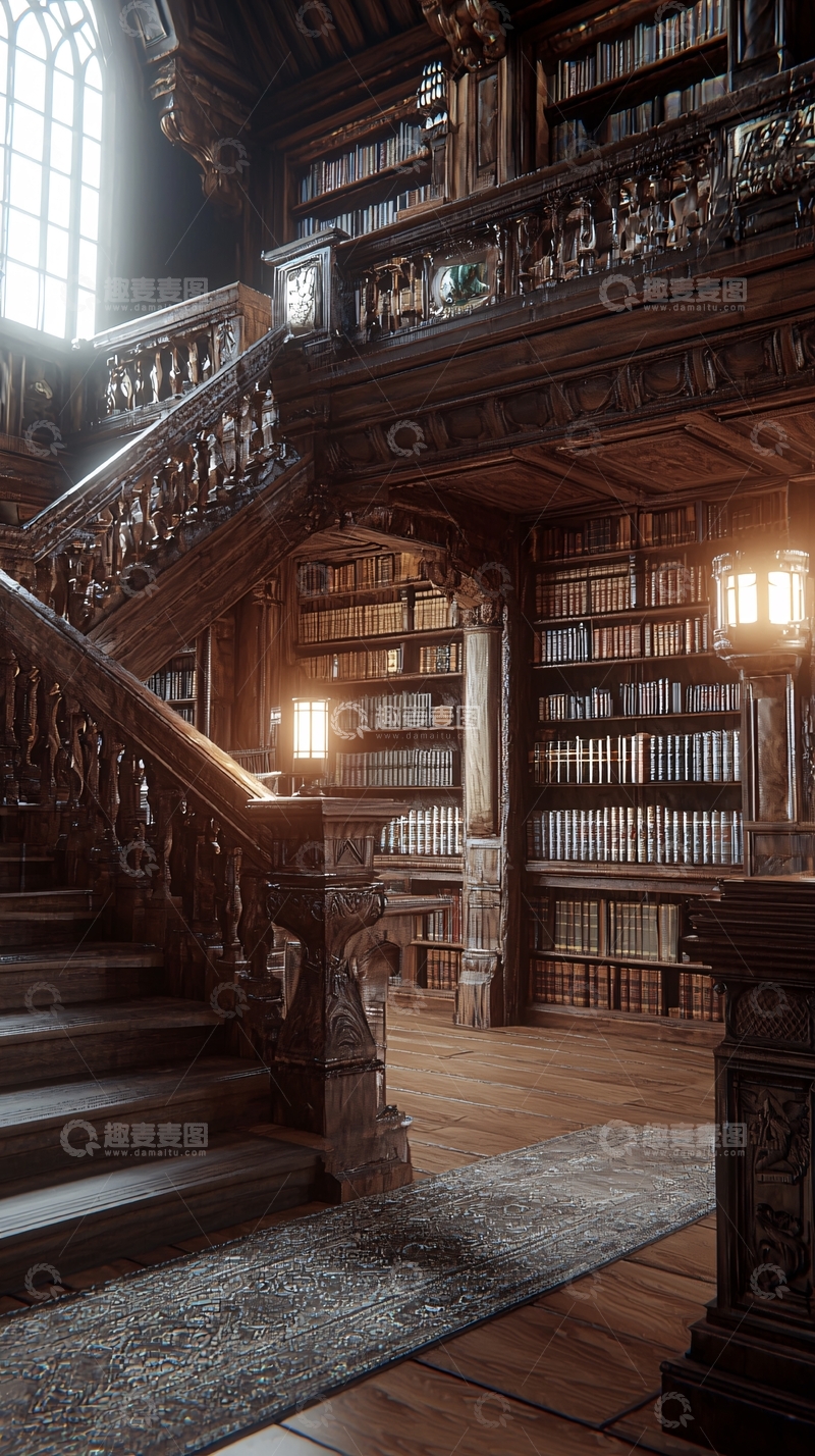 高清大图下载【趣麦麦图】复古木质图书馆楼梯