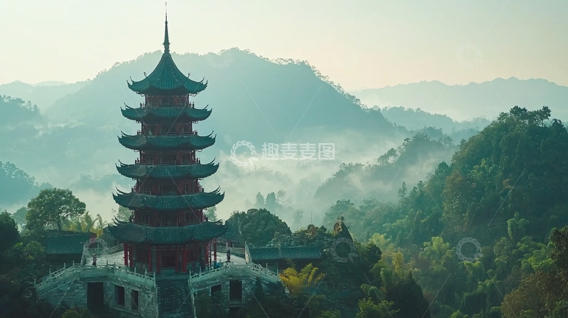 高清大图下载【趣麦麦图】雾气缭绕的古塔山景