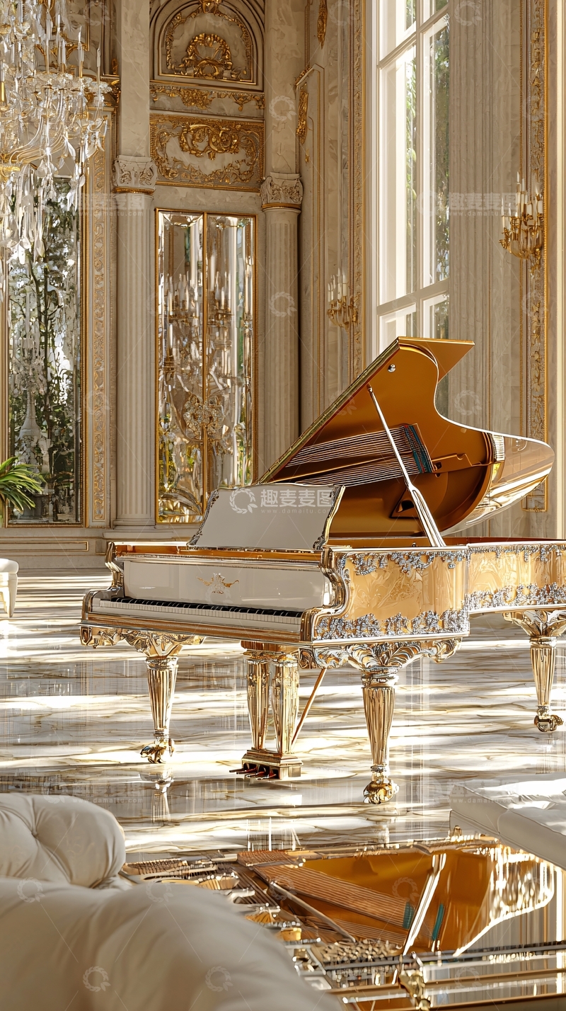 高清大图下载【趣麦麦图】奢华金色钢琴室内场景