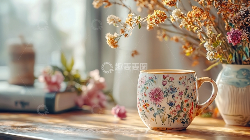 高清大图下载【趣麦麦图】窗边花卉茶杯静物
