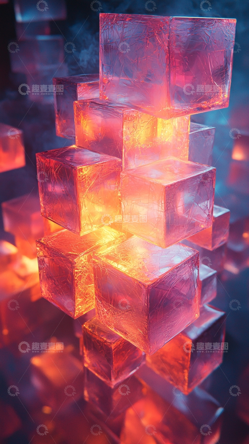 高清大图下载【趣麦麦图】红色光芒的透明立方体