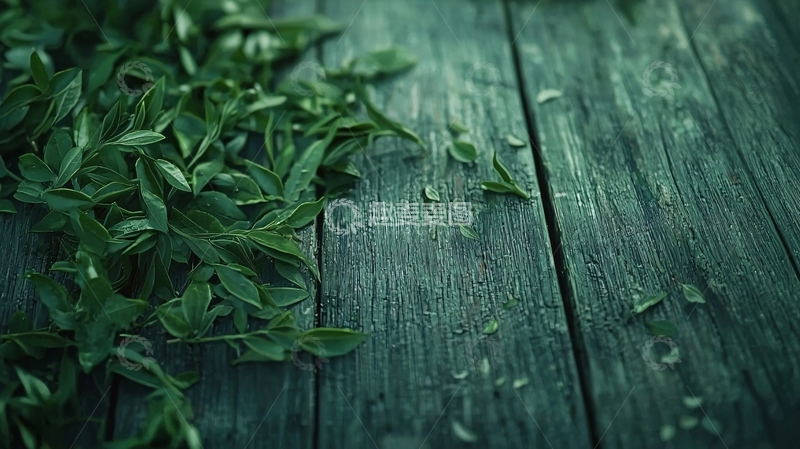 高清大图下载【趣麦麦图】深色木纹背景上的绿色植物