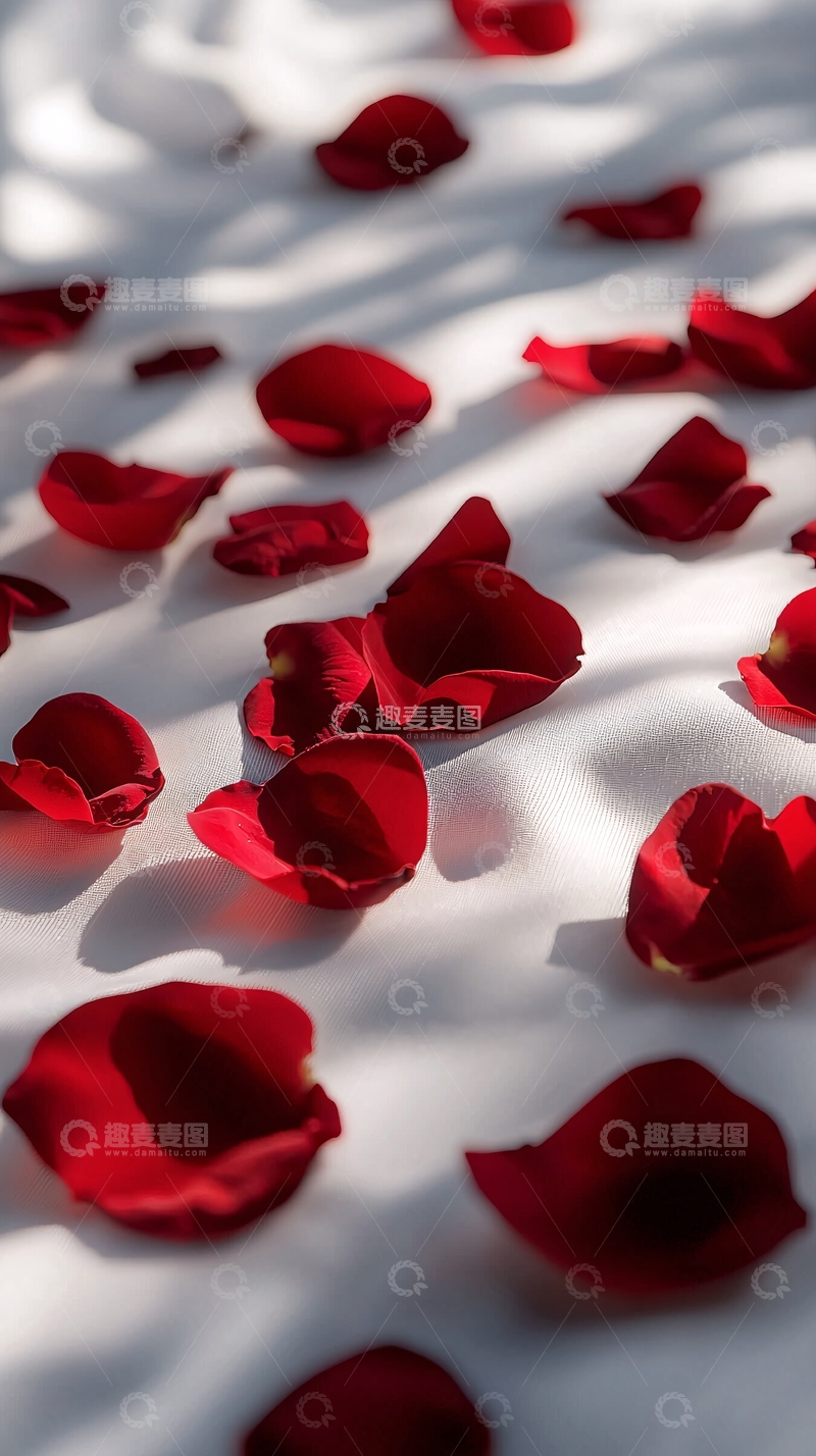 高清大图下载【趣麦麦图】红玫瑰花瓣散落在白色背景