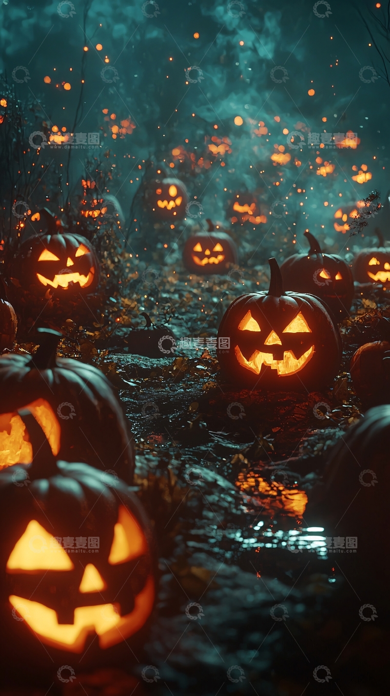 高清大图下载【趣麦麦图】幽暗森林南瓜灯小路