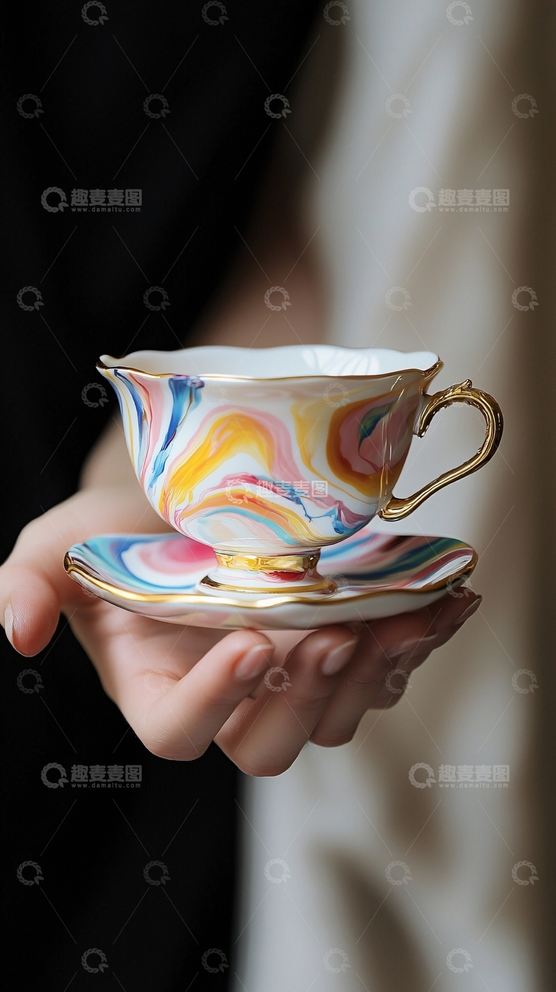高清大图下载【趣麦麦图】彩色大理石纹茶杯套装